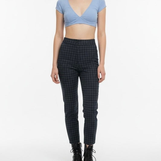 Nasty Gal Navy Blue & White Grid Check High Rise Cuffed Trousers