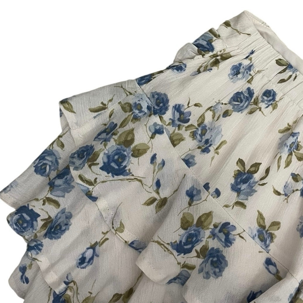 Full Tilt White & Blue Floral Ruffled Mini Skort