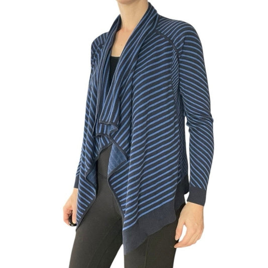 Foxcroft Blue and Black Striped Knit Cardigan Sweater