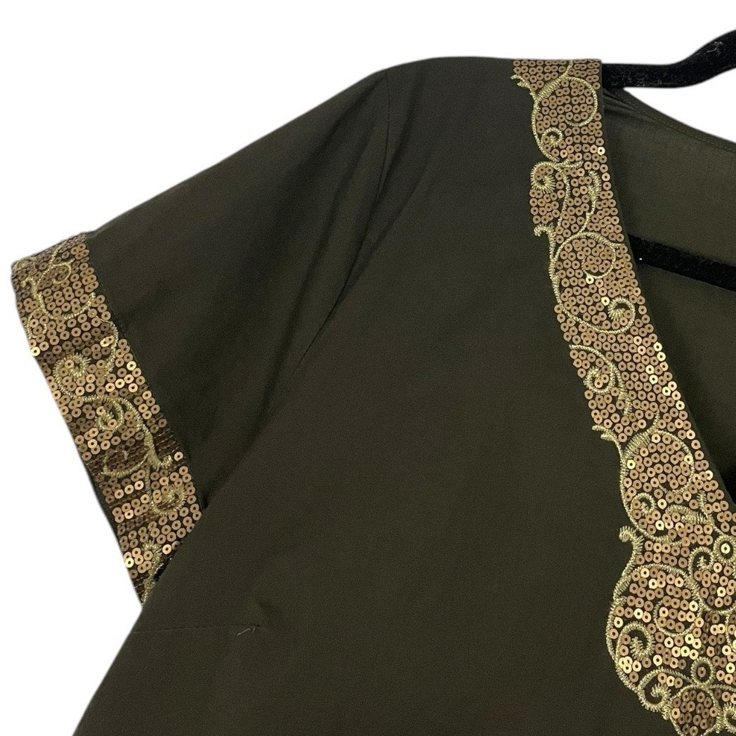 Dana Buchman Green & Gold Sequin Short Sleeve V-Neck Blouse