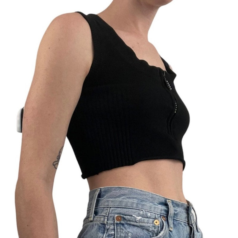 Belldini Black Cropped Rhinestone Quarter Zip Tankk Top