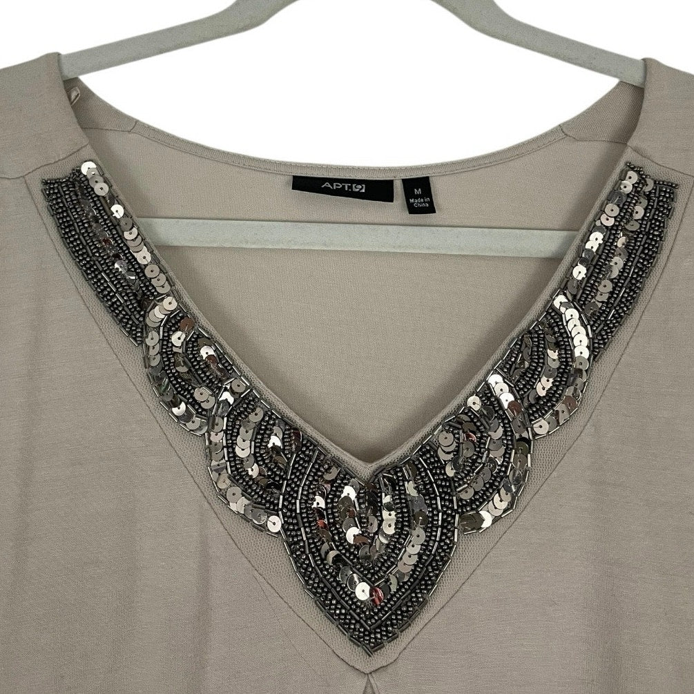 Apt. 9 Tan Sequin Beaded Embroidered V-Neck Short Sleeve Blouse