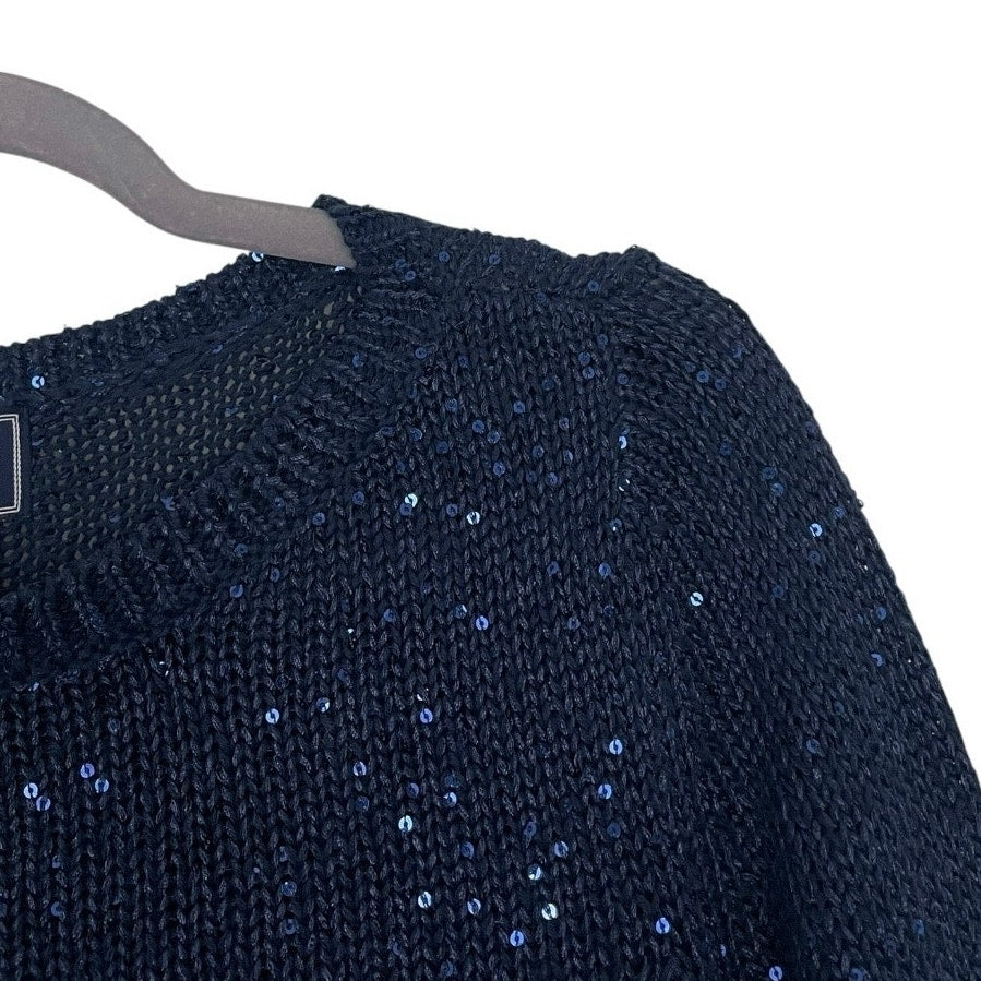 Chaps Classics Navy Blue Sequin Knit Crewneck Cropped Sleeve Sweater