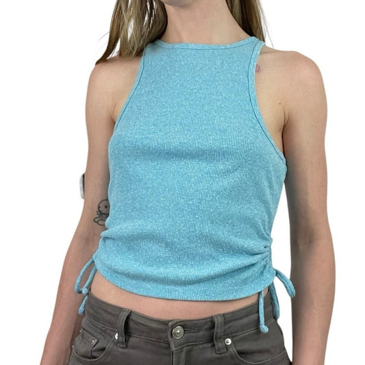 SO Blue Rubbed Cinched Side Cutout Lace Up Tank Top