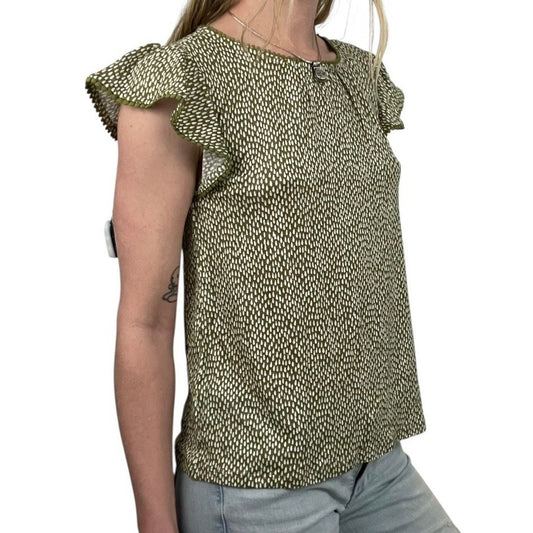 NWT LOFT Linen Green & White Dot Boho Embroidered Trim Blouse