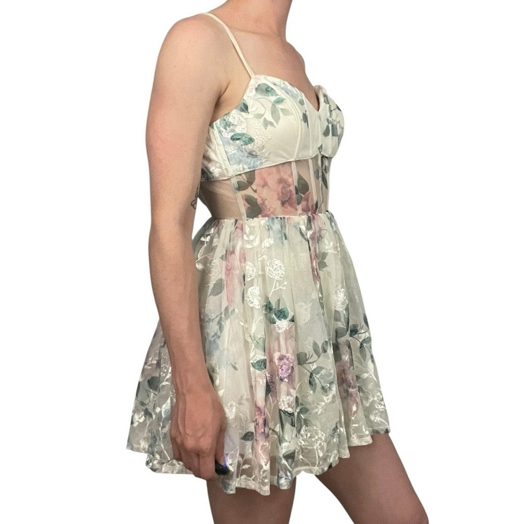 White Sheer Lace Floral Embroidered Corset A-Line Mini Dress