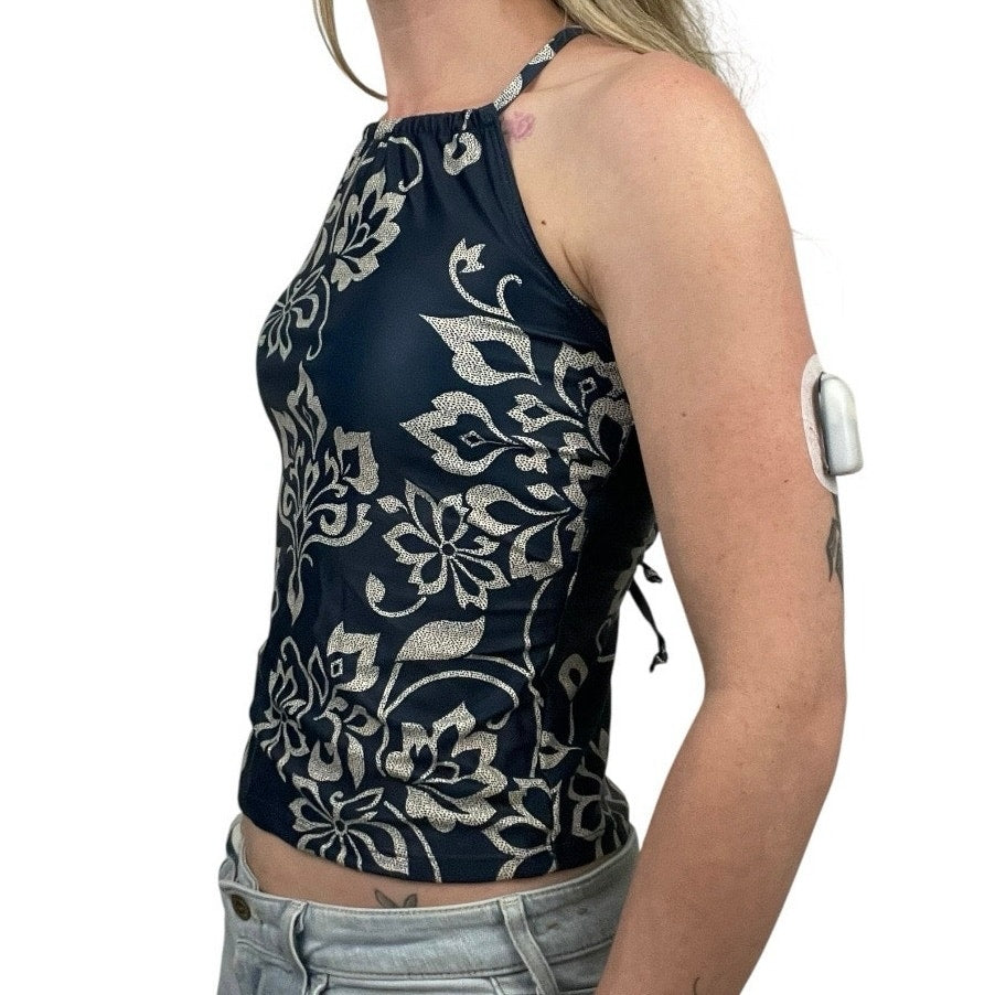 Navy Blue Boho Padded Open Lace Up Back Swim Top