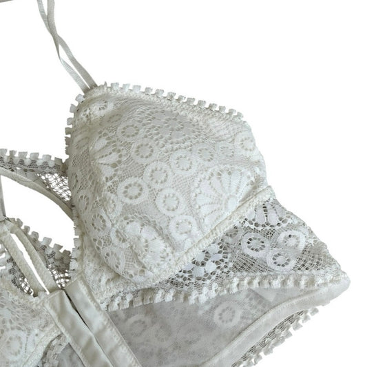 Aerie Cream Lace Strappy Back Padded Triangle Bralette