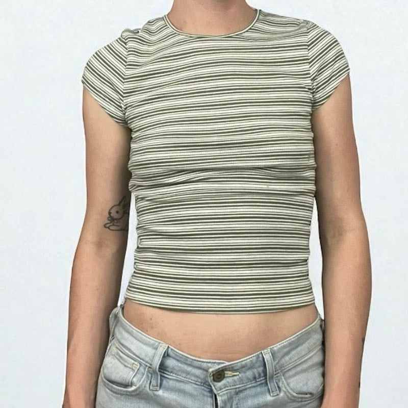 NWT American Eagle Green & White Striped Ribbed Short Sleeve Top