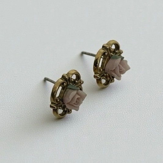 Vintage Pink Rose Gold Pendant Stud Earrings