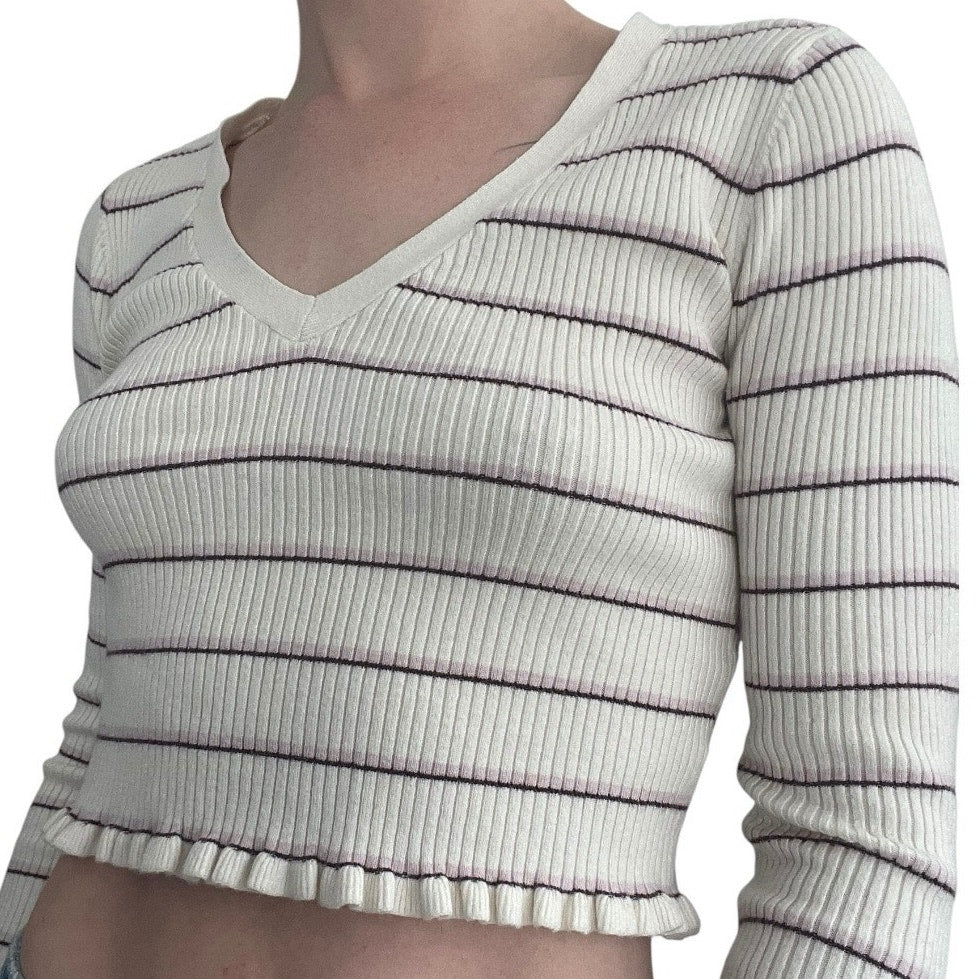 L.A. Hearts Cream Striped Long Sleeve Ribbed Ruffled Cropped Top