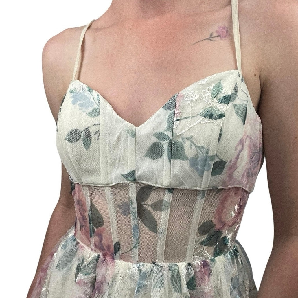White Sheer Lace Floral Embroidered Corset A-Line Mini Dress