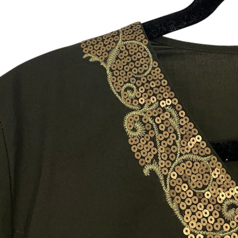 Dana Buchman Green & Gold Sequin Short Sleeve V-Neck Blouse