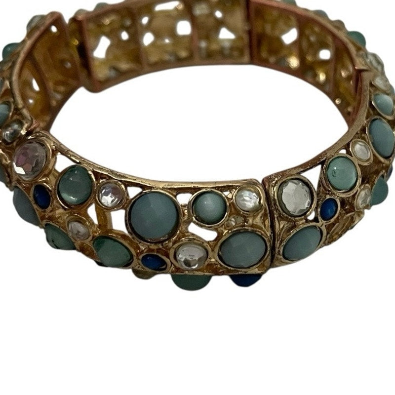 Turquoise Gemstone & Gold Rhinestone Stretch Bracelet
