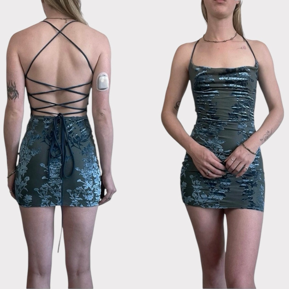 Lucy In The Sky Blue Floral Velvet Lace Up Cross Back Mini Dress