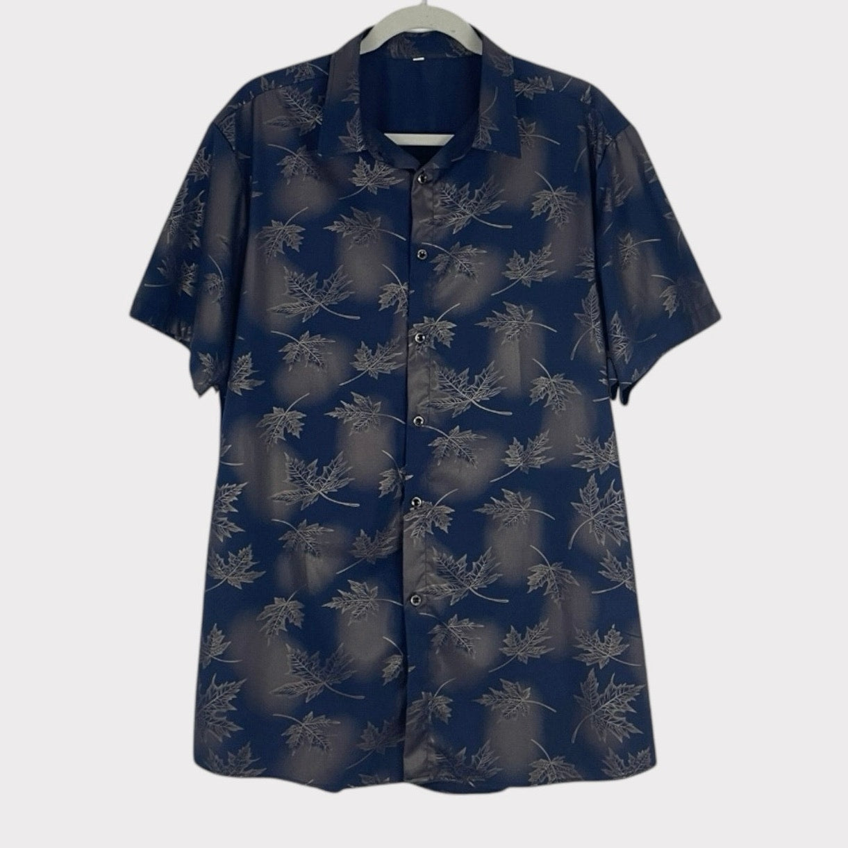 Mens Navy Blue & Gold Foil Fall Leaf Print Short Sleeve Button Down Shirt