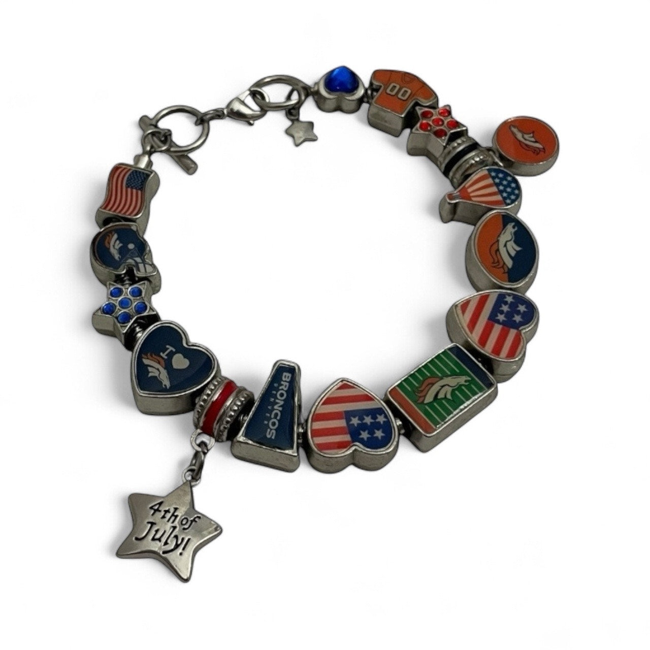 Silver Denver Broncos 4th of July Blue & Orange Charm Bracelet