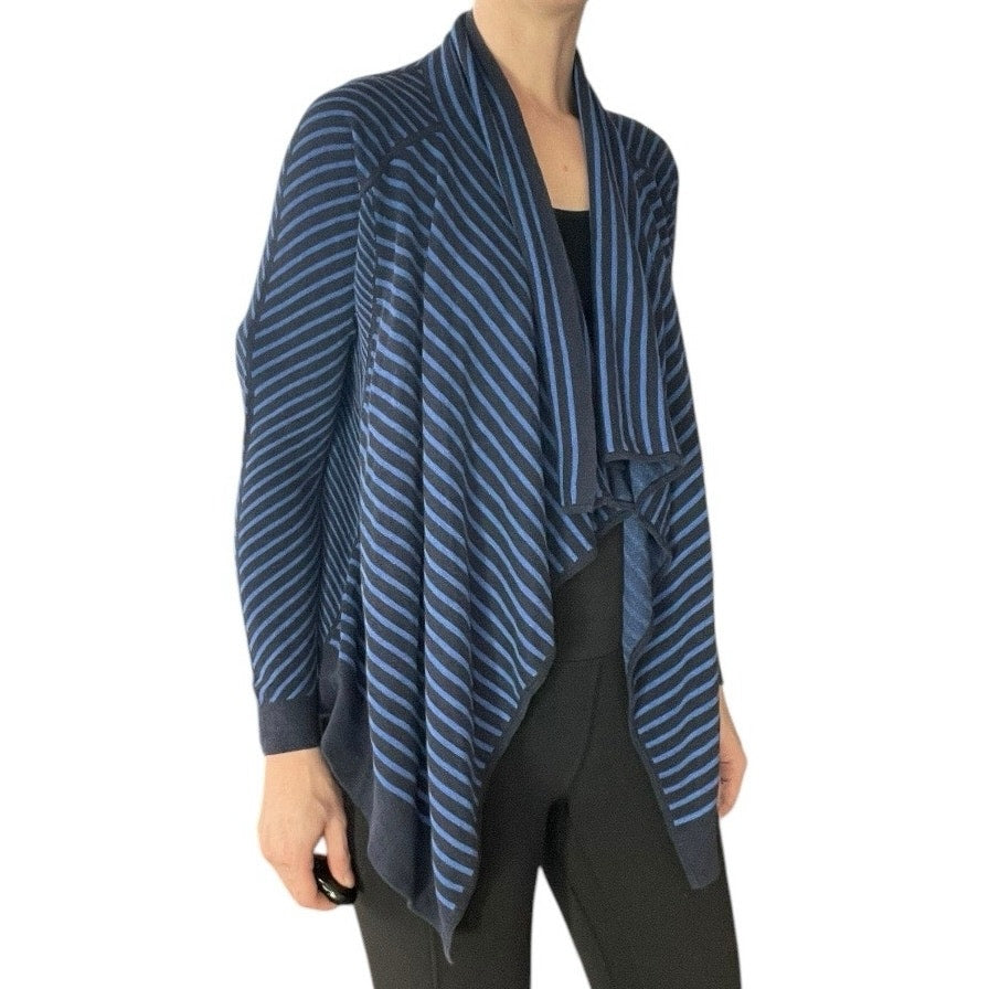 Foxcroft Blue and Black Striped Knit Cardigan Sweater