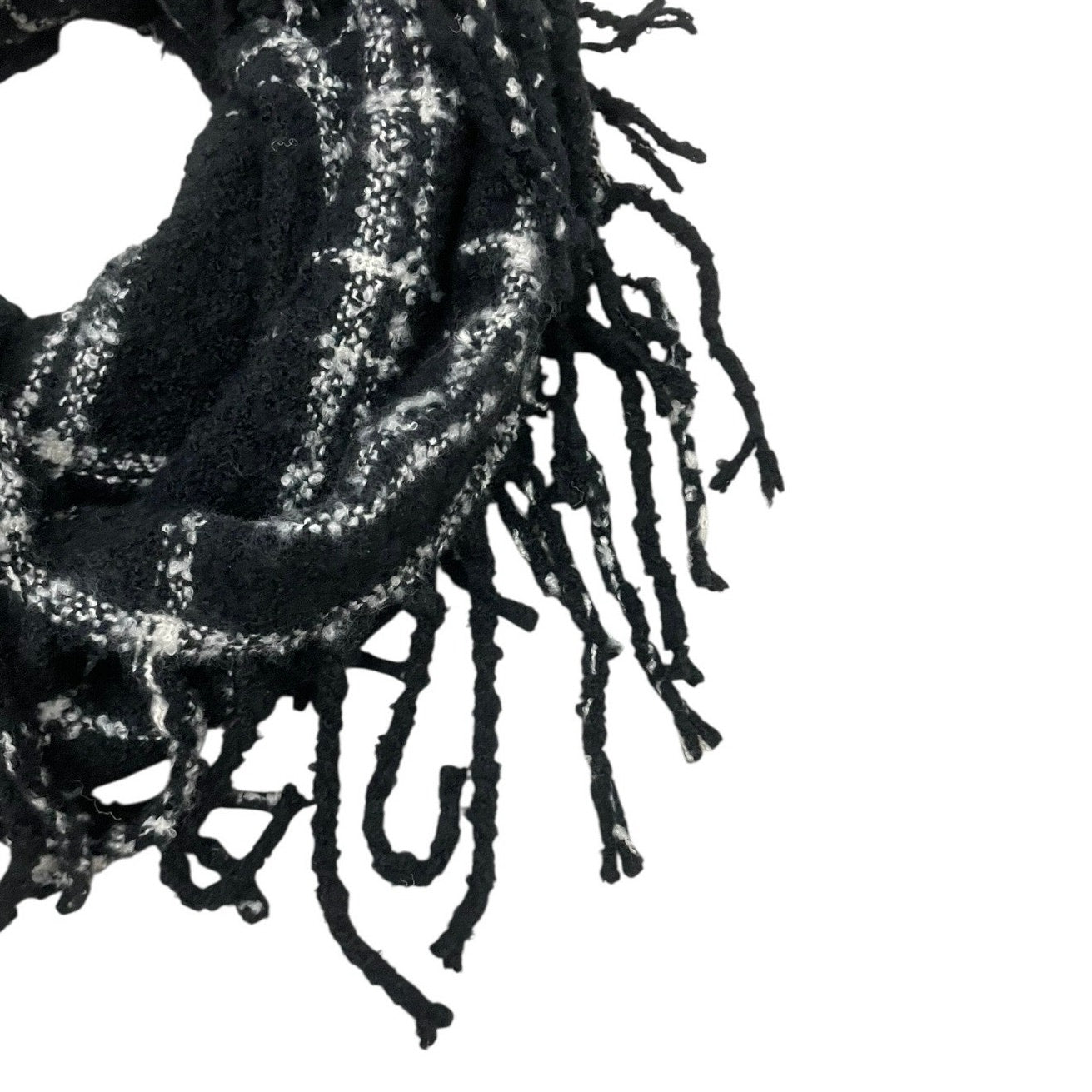 Black & White Plaid Fringe Knit Infinity Scarf