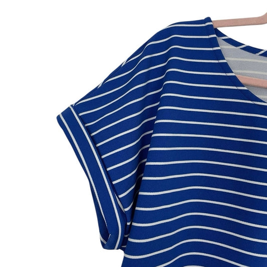 Jones New York Blue & White Striped Short Cuffed Sleeve Blouse