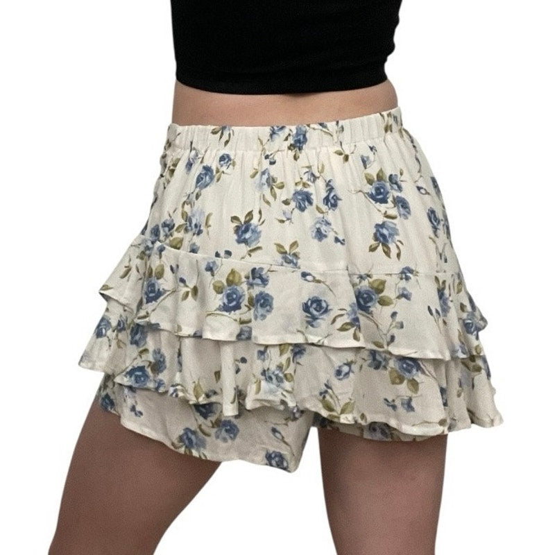 Full Tilt White & Blue Floral Ruffled Mini Skort