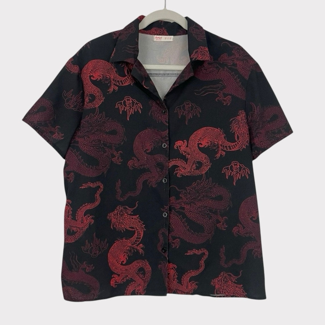 ROMWE Black & Red Dragon Print Short Sleeve Button Down Shirt