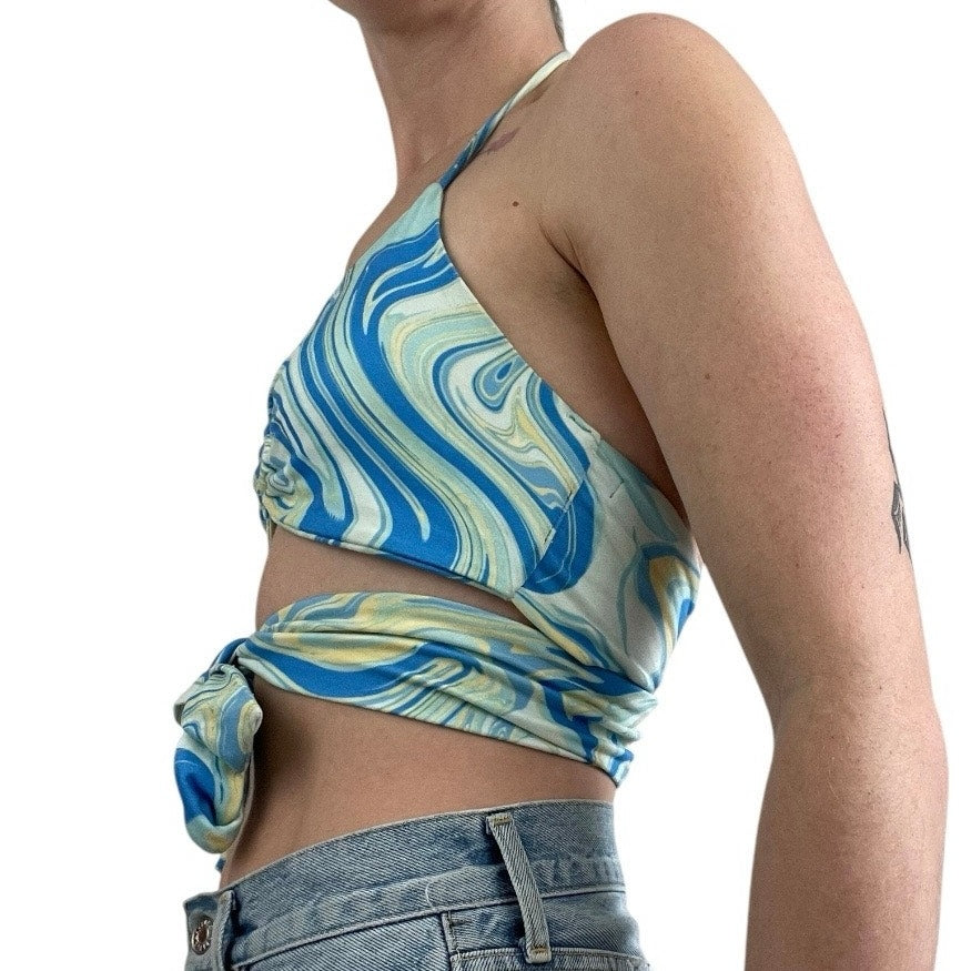 Ginger G Blue Swirly Funky 70s Cutout Halter Neck Strappy Top