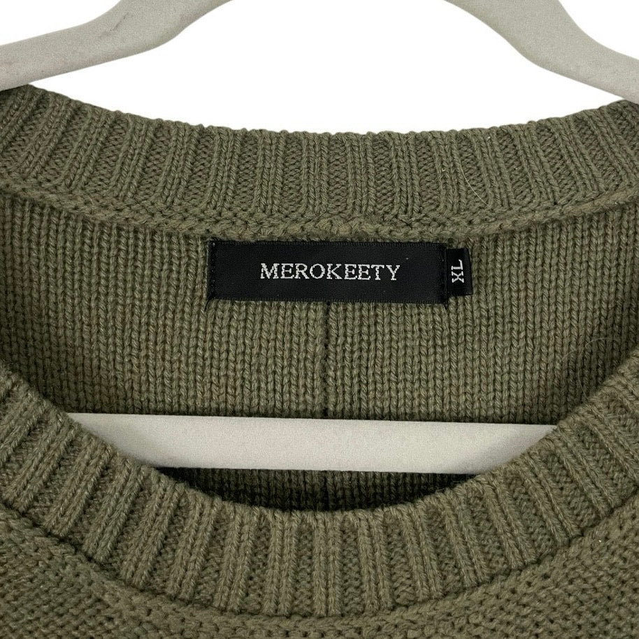 Merokeety Olive Green Knit Pullover Crewneck Sweater