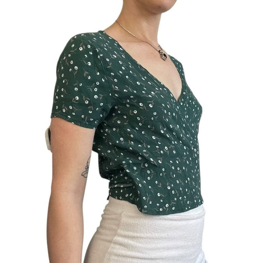 Brandy Melville Green Floral V-Neck Wrap Top