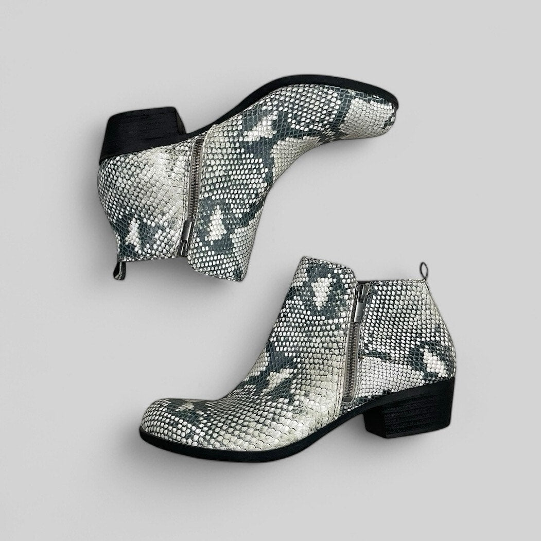 Lucky Brand Grey Snakeskin Genuine Leather Heeled Ankle Boots