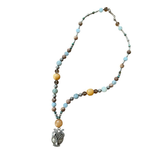 Vintage Silver Owl Pendant Colorful Beaded Necklace