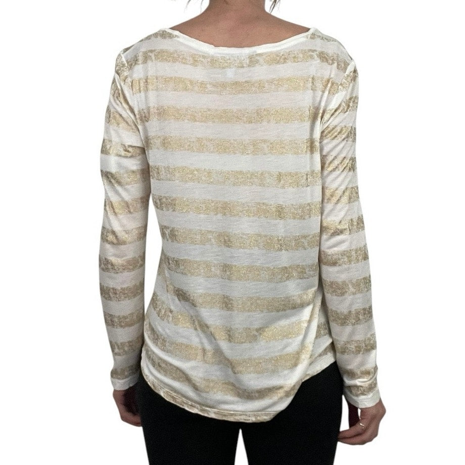 Jennifer Lopez Glittery Gold and White Striped Sheer Long Sleeve Top