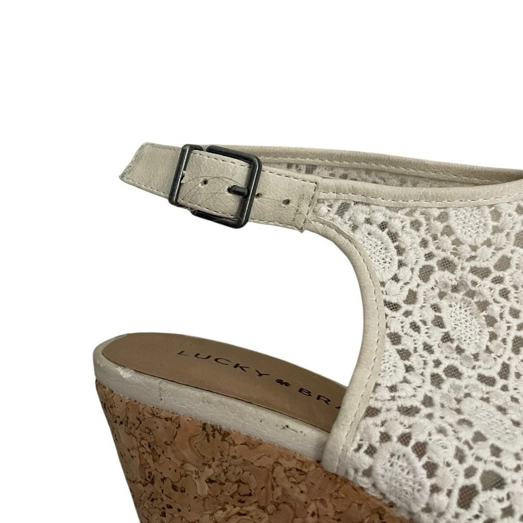 Lucky Brand Cream Lace Cork Wedge Open Toe Boho Heels