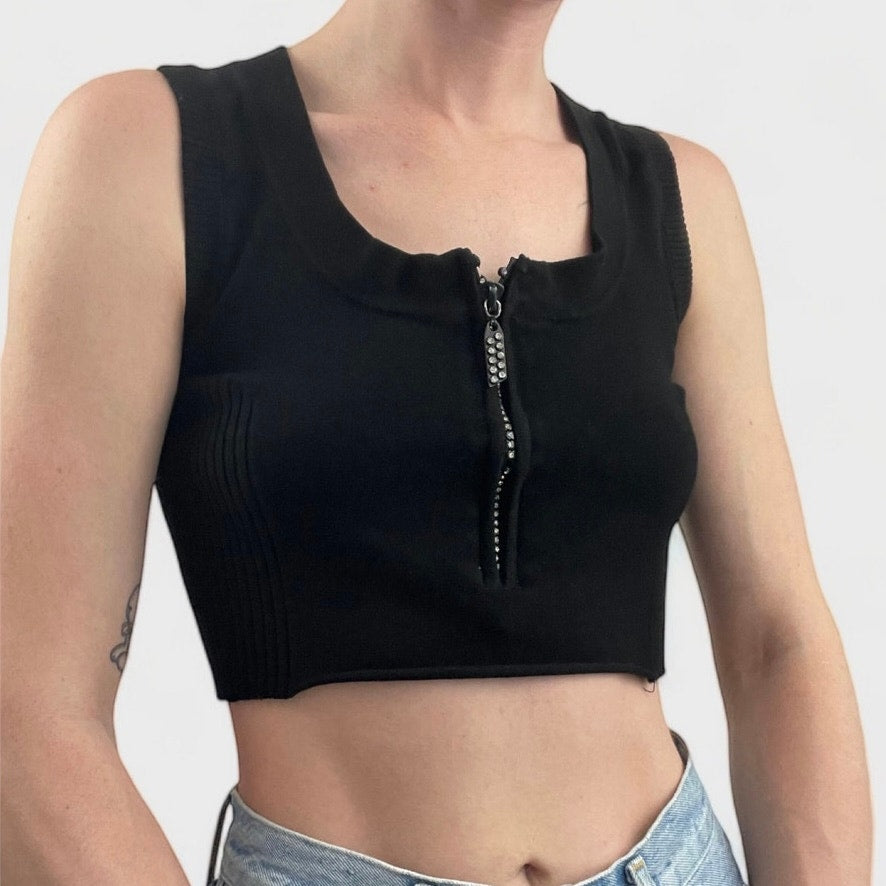 Belldini Black Cropped Rhinestone Quarter Zip Tankk Top