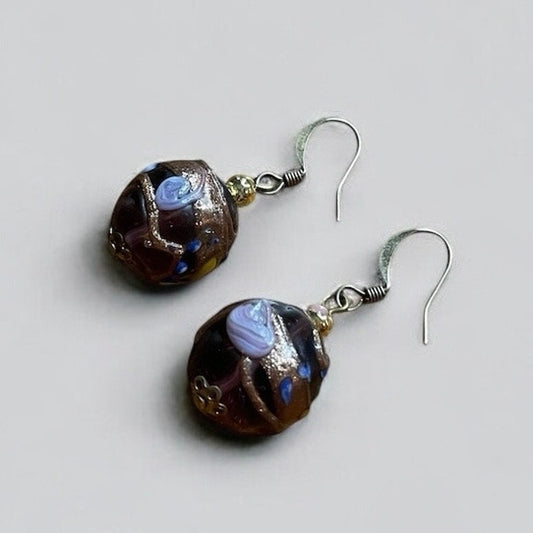 Vintage Purple & Gold Round Pendant Earrings