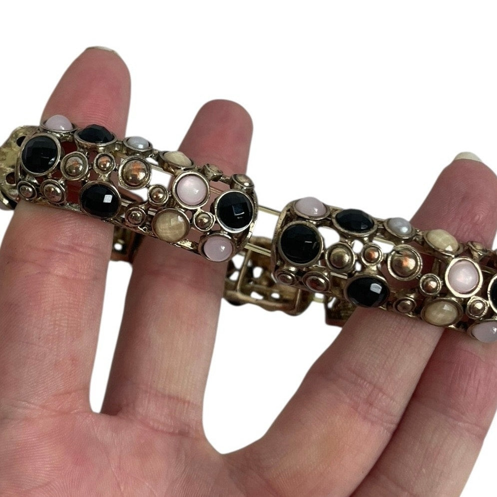 Opal & Black Gemstone Beaded Gold Stretch Bracelet