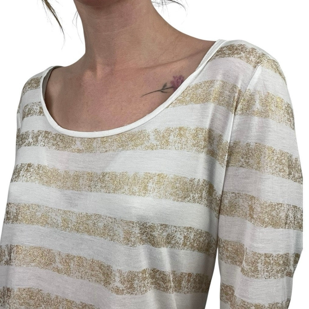 Jennifer Lopez Glittery Gold and White Striped Sheer Long Sleeve Top