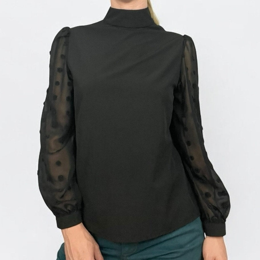 Black Puff Sheer Textured Sleeve High Neck Blouse