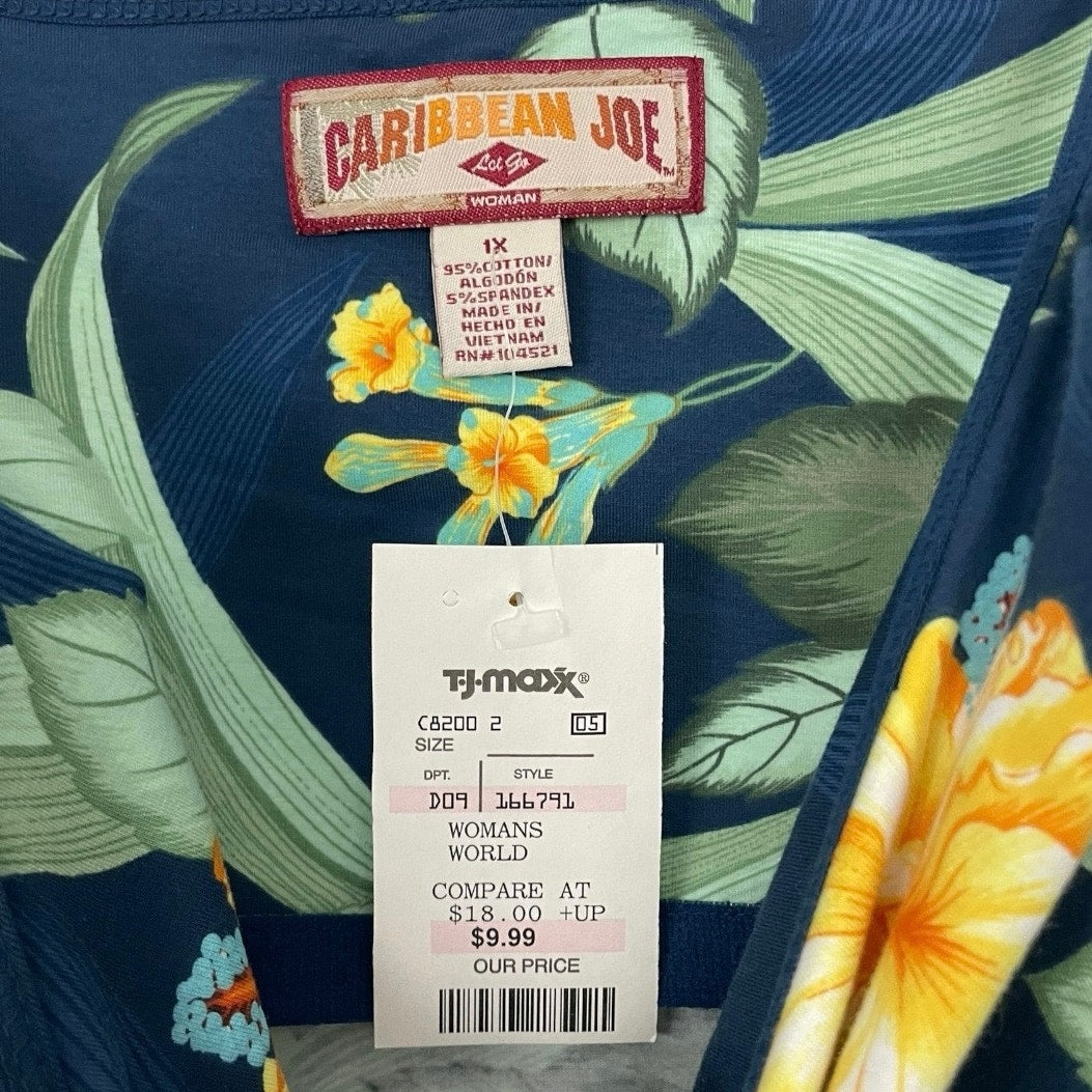 NWT Caribbean Joe Navy Blue & Yellow Floral Tropical Tank Top