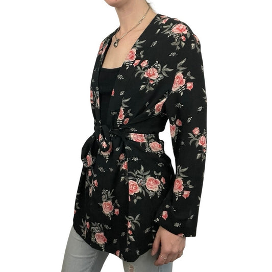 Divided by H&M Black & Pink Floral Tie Front Kimono Top