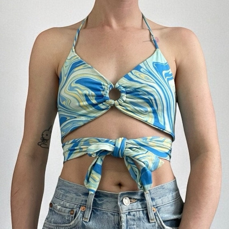Ginger G Blue Swirly Funky 70s Cutout Halter Neck Strappy Top