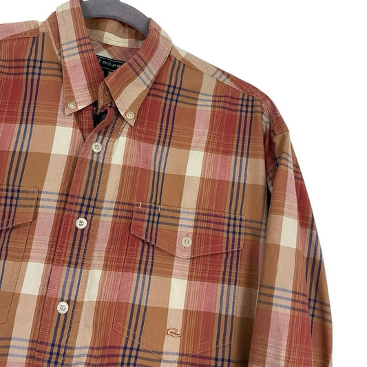 Roper Mens Orange Plaid Long Sleeve Button Down Shirt