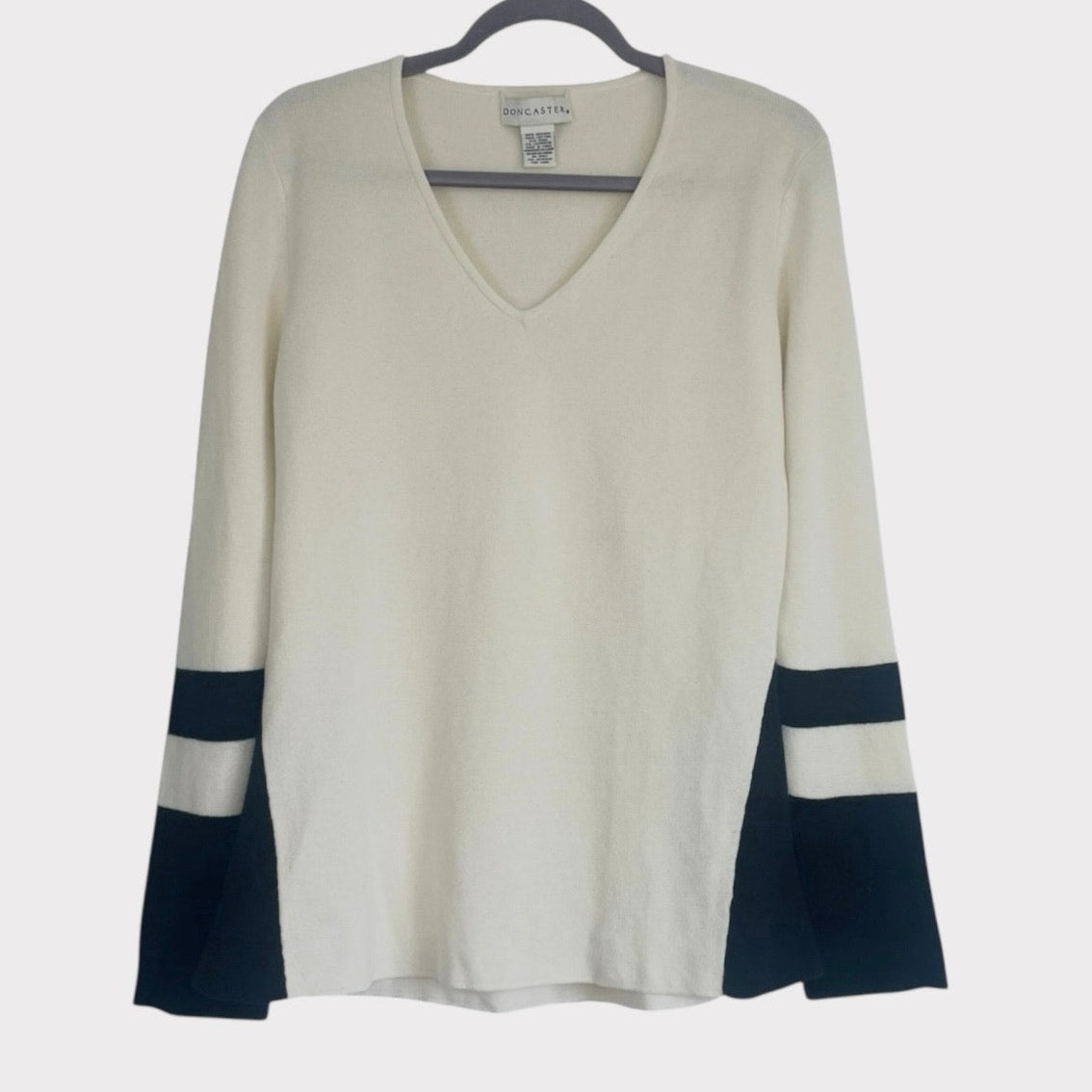 Doncaster Cream & Black Striped Sleeves V-Neck Knit Sweater