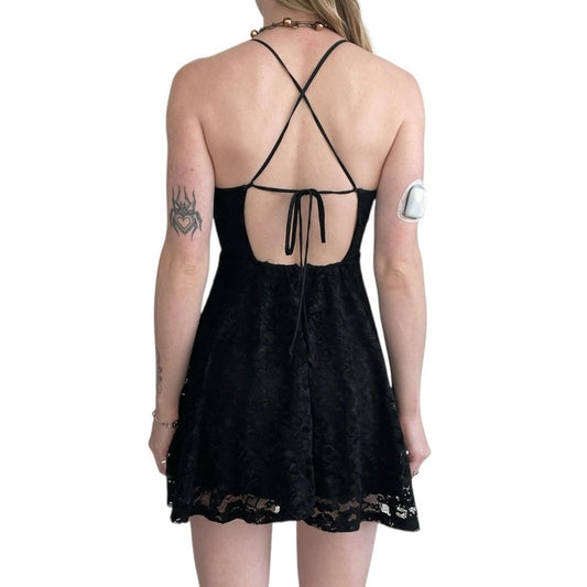 Kimchi Blue Black Lace Open Strappy Cross Tie Back A-Line Mini Dress