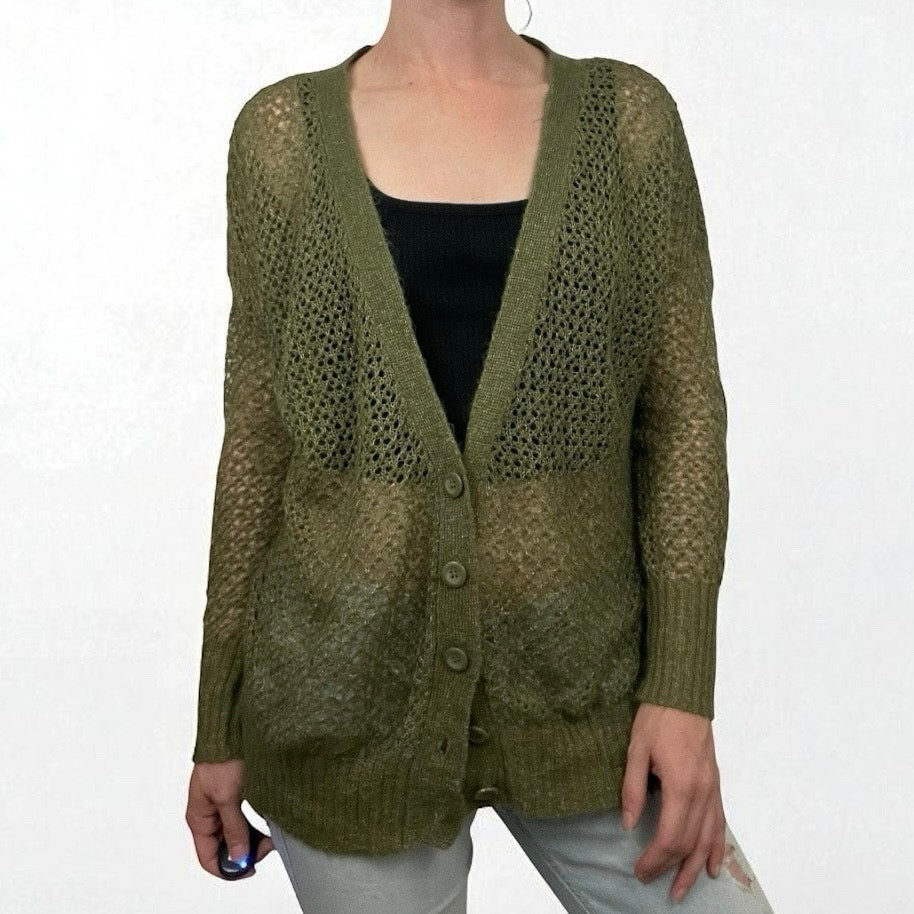 Kensie Olive Green & Gold Metallic Knit Button Down Cardigan Sweater