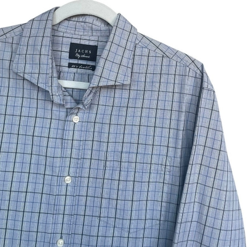 JACHS Mens Blue & Grey Plaid 80's Doubles Long Sleeve Button Down Shirt