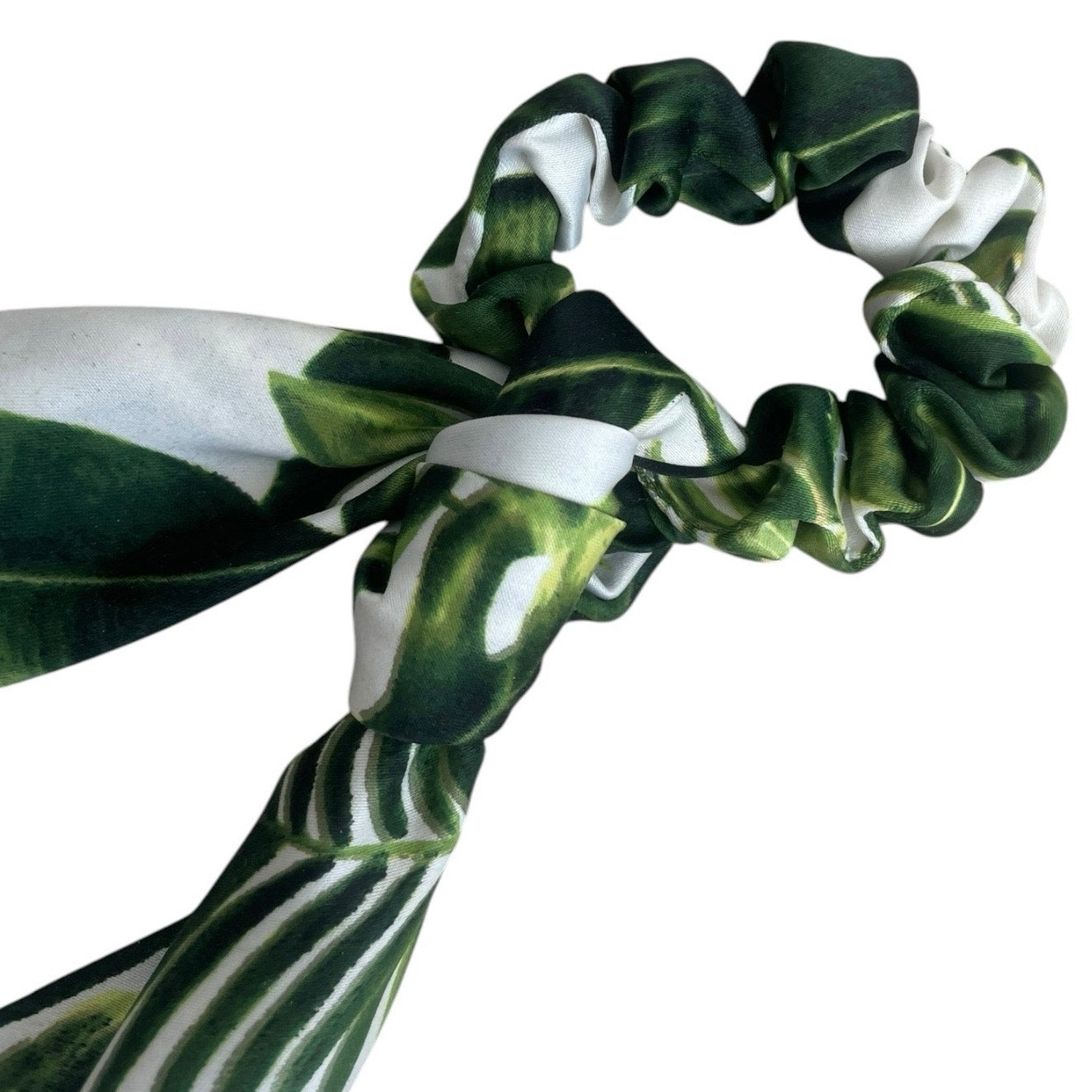 Green & White Leaf Print Silky Tie Scunchie