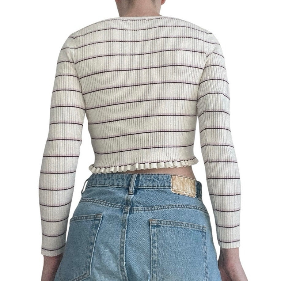 L.A. Hearts Cream Striped Long Sleeve Ribbed Ruffled Cropped Top