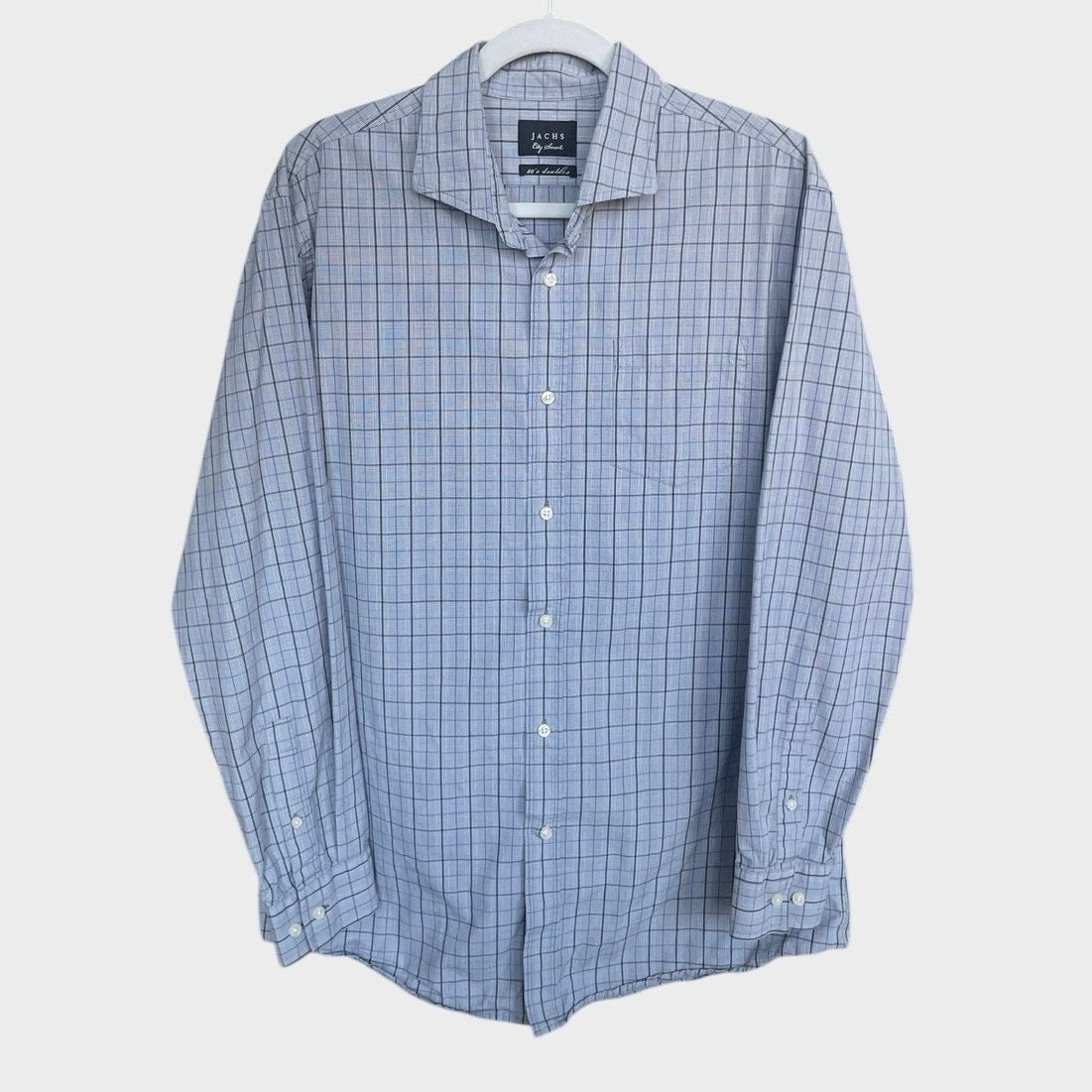 JACHS Mens Blue & Grey Plaid 80's Doubles Long Sleeve Button Down Shirt