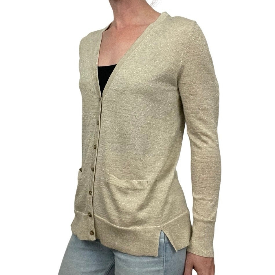 Ann Taylor LOFT Glittery Metallic Gold Cream Button Down Cardigan Sweater